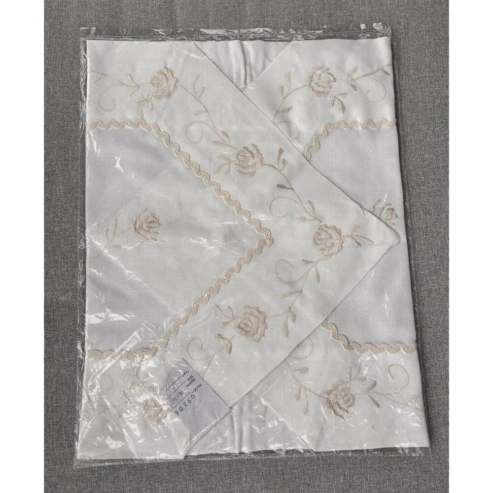 Vintage New White Hand Embroidery  Linen Table Runner Dresser Scarf 16x36 Floral